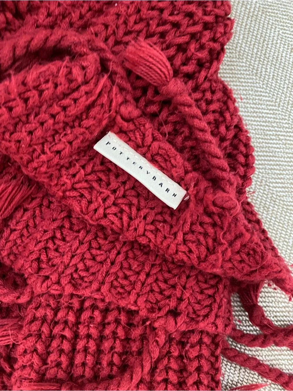 Pottery Barn Red Waffle Knit Throw Blanket with Fringe 50”x60”
